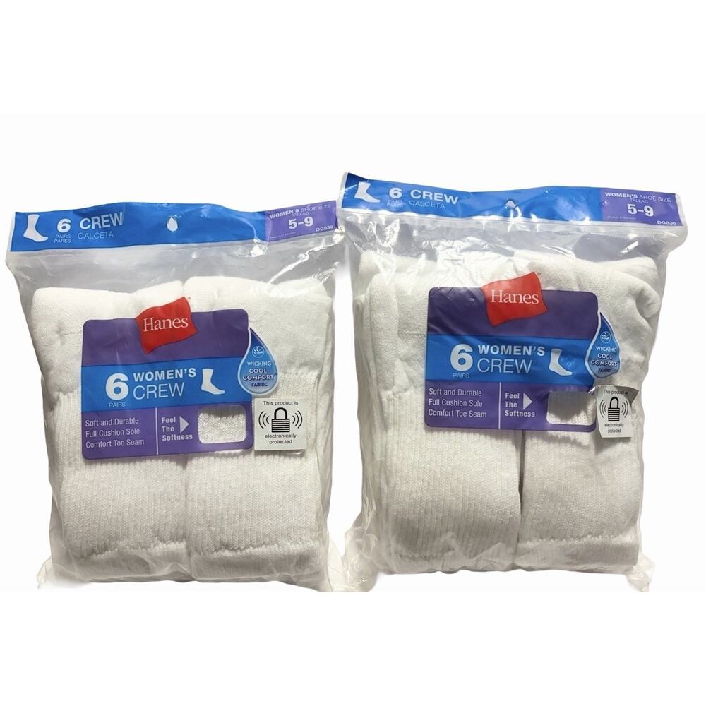 Hanes Women’s Crew Socks 12 Pairs White Cushion Comfort Shoe Size 5-9 NEW